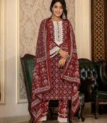  maroon floral print pakistani style kurta trouser and dupatta set