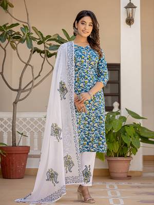 turquoise blue leaf print straight piping on yoke kurta trouser and dupatta set 1