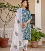 turquoise blue leaf print straight piping on yoke kurta trouser and dupatta set