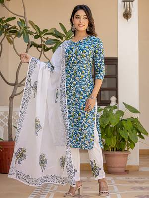 turquoise blue leaf print straight piping on yoke kurta trouser and dupatta set 2