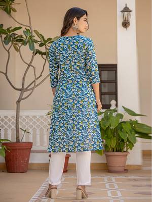 turquoise blue leaf print straight piping on yoke kurta trouser and dupatta set 3