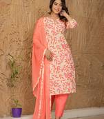  pink leaf print straight piping on yoke kurta trouser and dupatta set