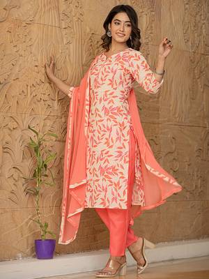 pink leaf print straight piping on yoke kurta trouser and dupatta set 2