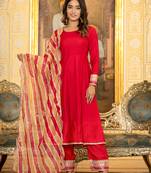 Yufta hot pink solid anarkali kurta trouser and dupatta set