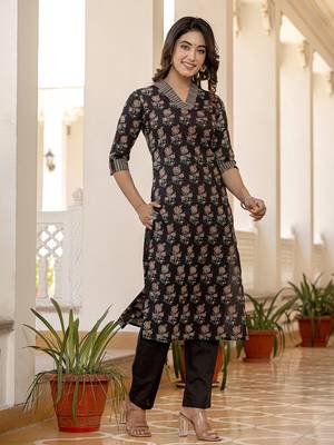 Black floral print dori embroidery straight kurta trouser set 2