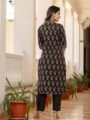 Black floral print dori embroidery straight kurta trouser set 3