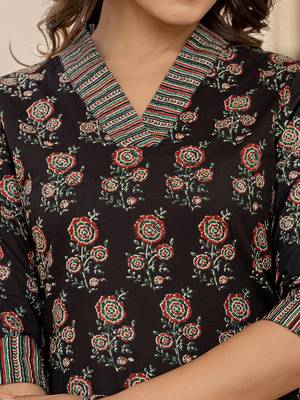 Black floral print dori embroidery straight kurta trouser set 4