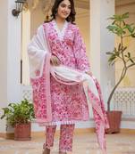  pink floral print pakistani style kurta trouser and dupatta set