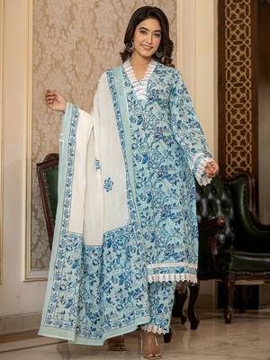  light blue floral print straight pakistani style kurta trouser and dupatta set 1