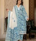  light blue floral print straight pakistani style kurta trouser and dupatta set