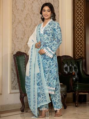  light blue floral print straight pakistani style kurta trouser and dupatta set 2
