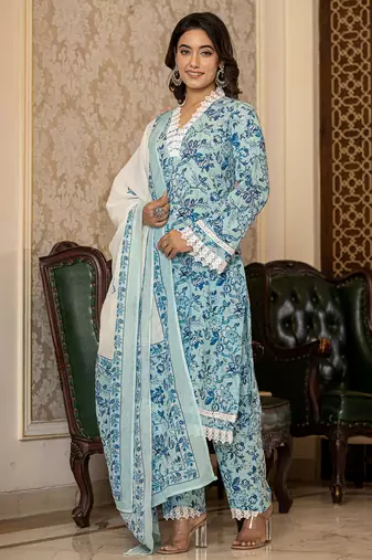  light blue floral print straight pakistani style kurta trouser and dupatta set