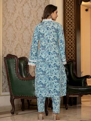  light blue floral print straight pakistani style kurta trouser and dupatta set 3