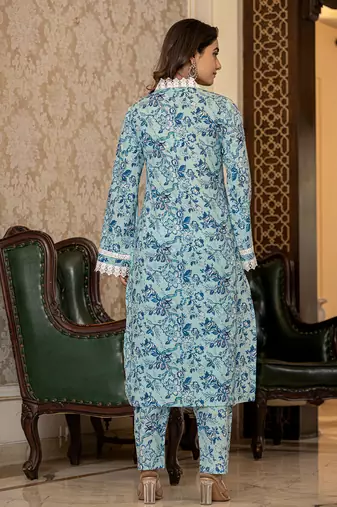  light blue floral print straight pakistani style kurta trouser and dupatta set