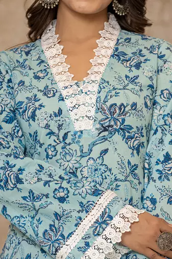  light blue floral print straight pakistani style kurta trouser and dupatta set