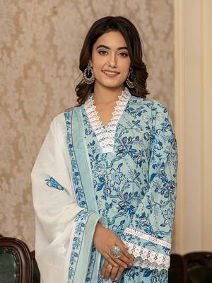  light blue floral print straight pakistani style kurta trouser and dupatta set 5