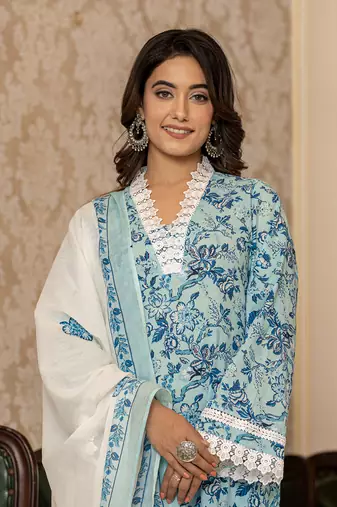  light blue floral print straight pakistani style kurta trouser and dupatta set