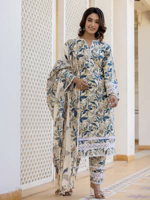  beage leaf print straight pakistani style kurta trouser and dupatta set 1
