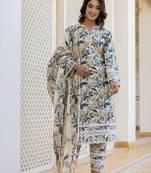  beage leaf print straight pakistani style kurta trouser and dupatta set