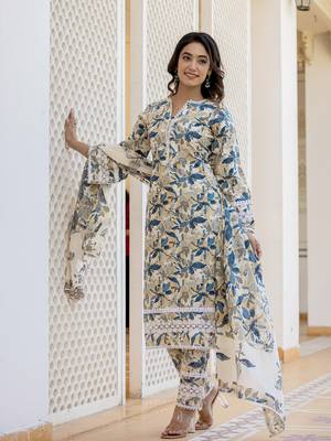 beage leaf print straight pakistani style kurta trouser and dupatta set 2