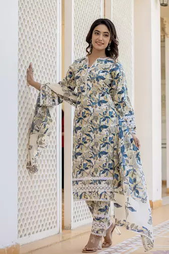  beage leaf print straight pakistani style kurta trouser and dupatta set