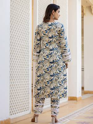  beage leaf print straight pakistani style kurta trouser and dupatta set 3