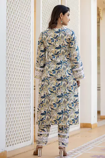  beage leaf print straight pakistani style kurta trouser and dupatta set