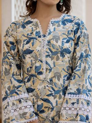  beage leaf print straight pakistani style kurta trouser and dupatta set 4