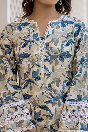 beage leaf print straight pakistani style kurta trouser and dupatta set