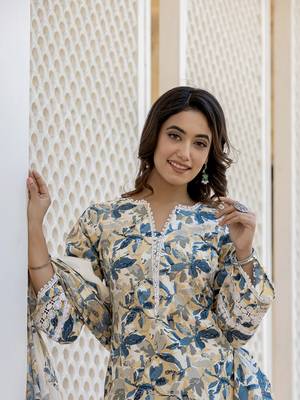  beage leaf print straight pakistani style kurta trouser and dupatta set 5