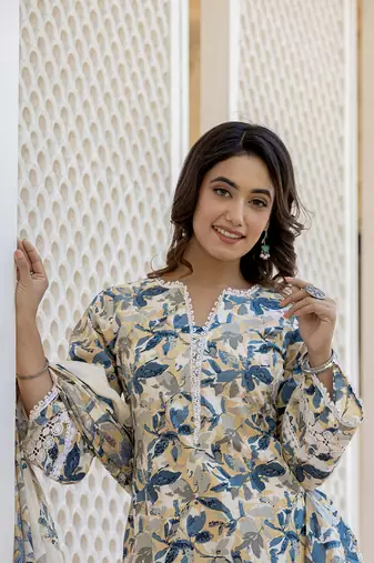  beage leaf print straight pakistani style kurta trouser and dupatta set