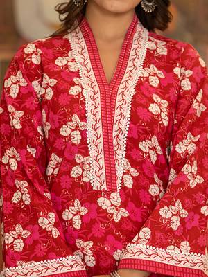  pink floral print straight pakistani style kurta trouser and dupatta set 4