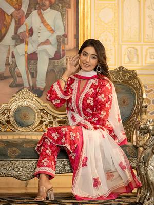  pink floral print straight pakistani style kurta trouser and dupatta set 5