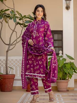  purple floral print straight pakistani style kurta trouser and dupatta set 1