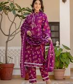  purple floral print straight pakistani style kurta trouser and dupatta set