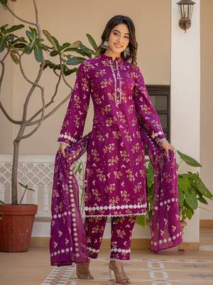  purple floral print straight pakistani style kurta trouser and dupatta set 2