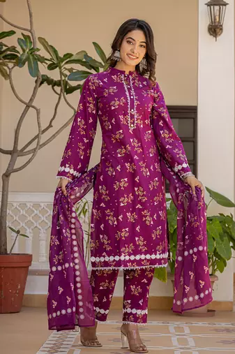  purple floral print straight pakistani style kurta trouser and dupatta set