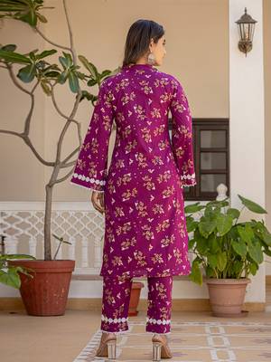  purple floral print straight pakistani style kurta trouser and dupatta set 3