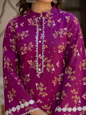  purple floral print straight pakistani style kurta trouser and dupatta set 4