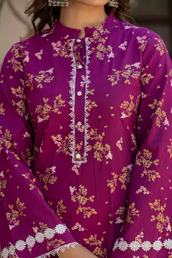  purple floral print straight pakistani style kurta trouser and dupatta set