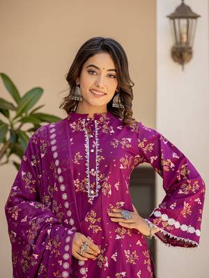  purple floral print straight pakistani style kurta trouser and dupatta set 5