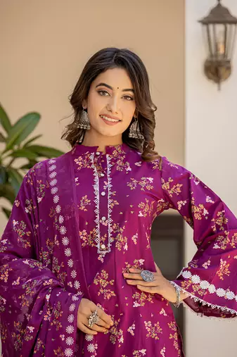  purple floral print straight pakistani style kurta trouser and dupatta set