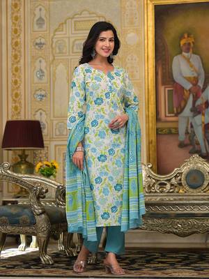  teal green floral print straight button show on yoke kurta trouser and dupatta set 1
