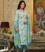  teal green floral print straight button show on yoke kurta trouser and dupatta set