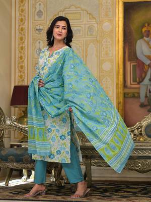  teal green floral print straight button show on yoke kurta trouser and dupatta set 2