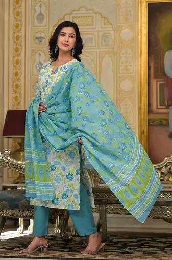  teal green floral print straight button show on yoke kurta trouser and dupatta set