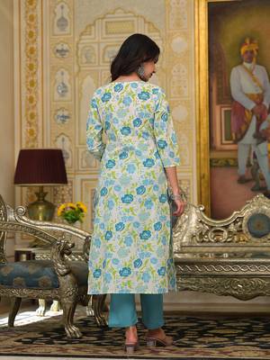  teal green floral print straight button show on yoke kurta trouser and dupatta set 3