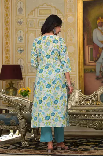  teal green floral print straight button show on yoke kurta trouser and dupatta set