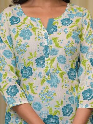  teal green floral print straight button show on yoke kurta trouser and dupatta set 4