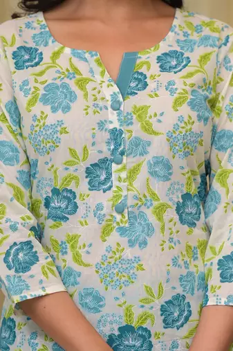  teal green floral print straight button show on yoke kurta trouser and dupatta set